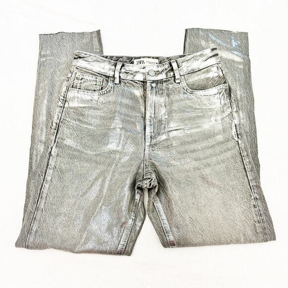 Zara Coated Silver Gray Metallic Denim Jeans Raw Hem Straight Leg Size 4 - Picture 4 of 10